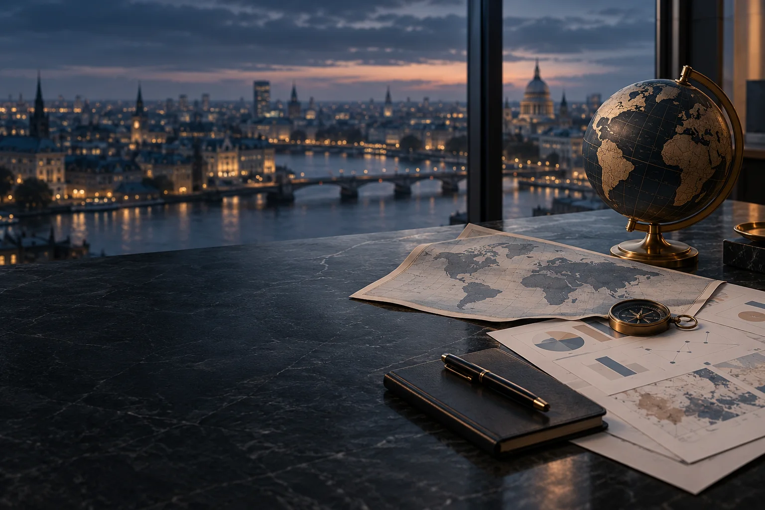 Global risk intelligence materials overlooking an international financial centre